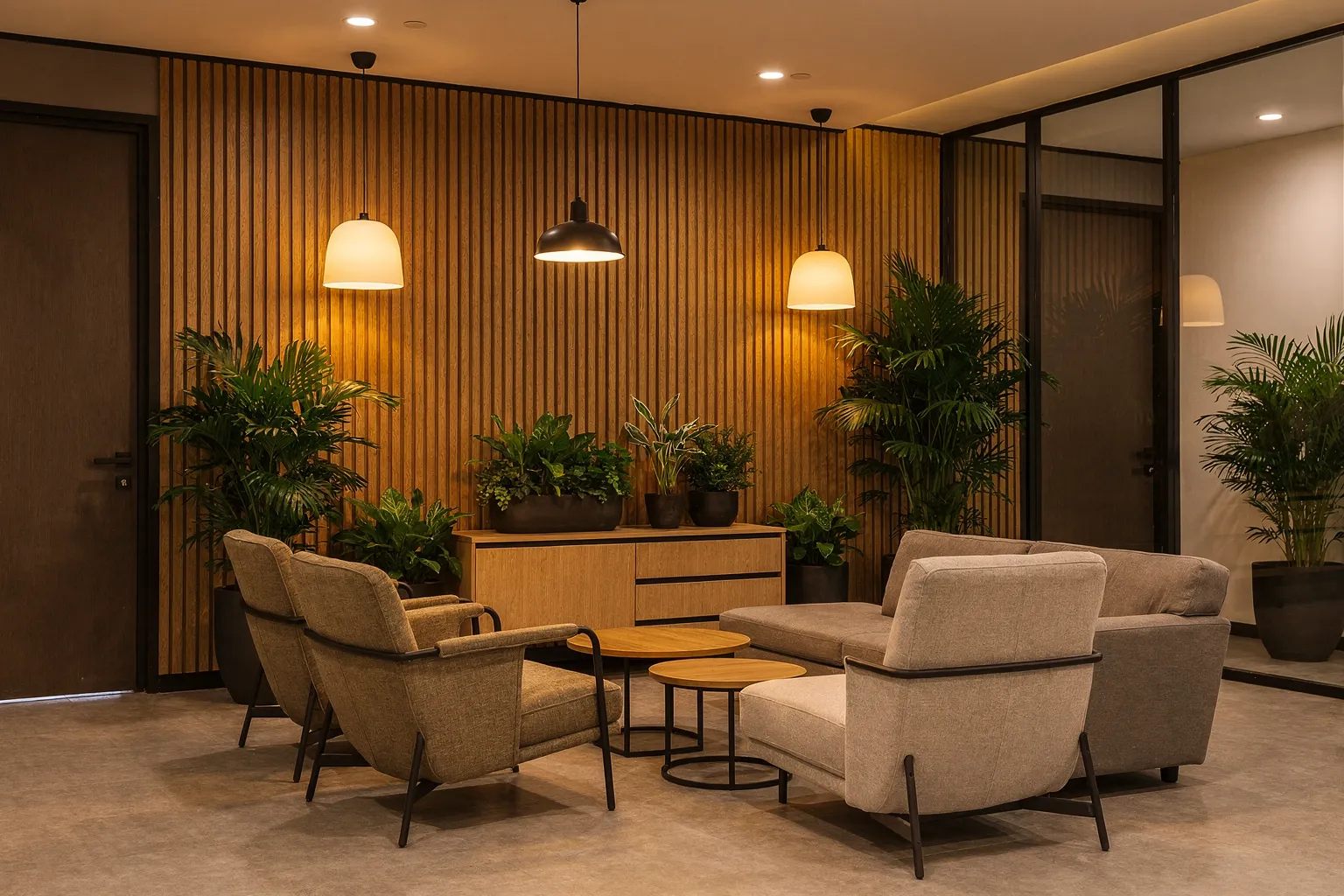 A modern, freshly fitted-out open-plan office in Malaysia with glass meeting-room partitions, warm wood finishes, recessed lighting and ergonomic workstations, daylight from large windows
