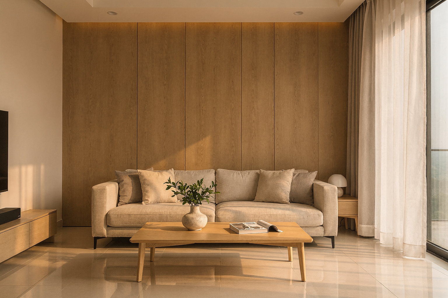 After — the same room finished: a warm, modern interior at handover