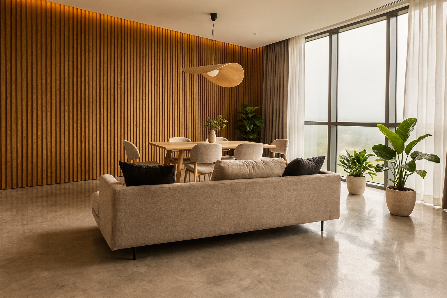 A warm, modern open-plan Malaysian interior delivered by a design-and-build renovation