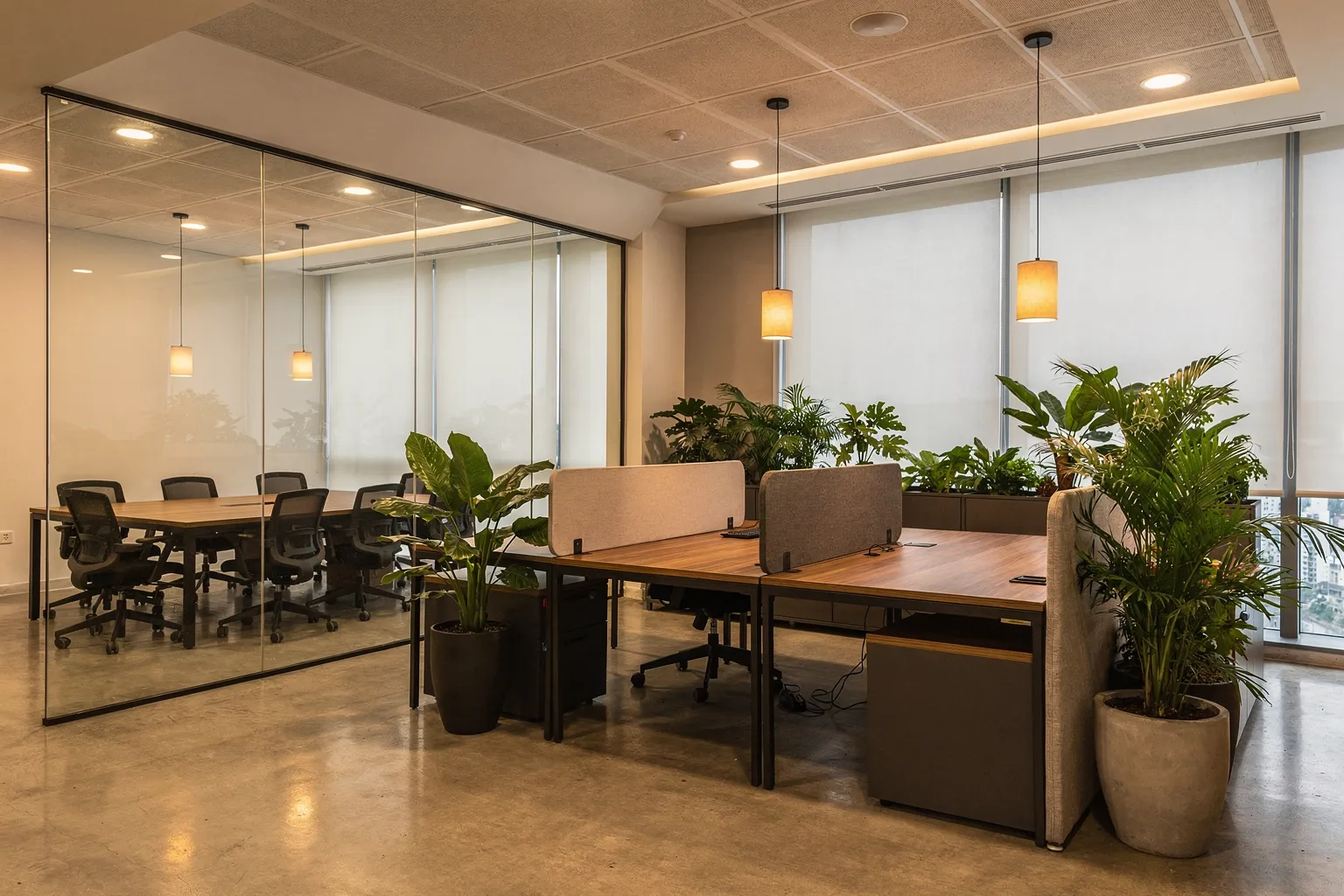 A modern Malaysian office interior after a professional fit-out, with warm wood, matte black accents and a glass meeting room