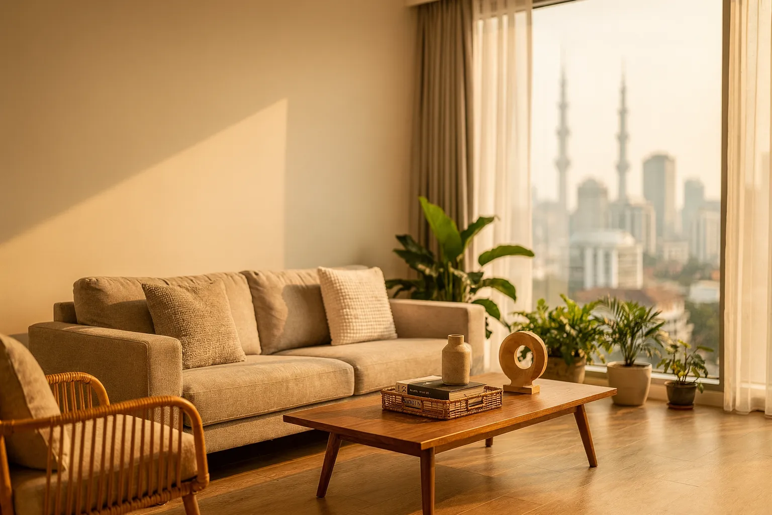 Bright, contemporary open-plan living and dining area in a Kuala Lumpur condominium after renovation, with warm timber finishes, soft neutral tones and city views through large windows